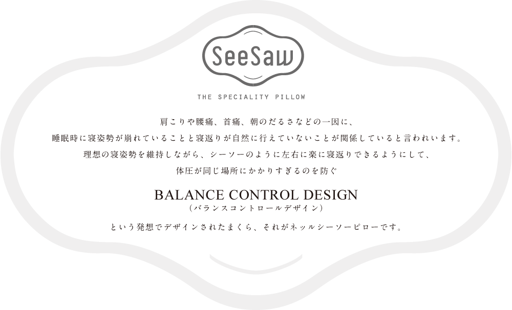 肩こりや腰痛、首痛、朝のだるさなどの一因に、睡眠時に寝姿勢が崩れていることと寝返りが自然に行えていないことが関係していると言われいます。理想の寝姿勢を維持しながら、シーソーのように左右に楽に寝返りできるようにして、体圧が同じ場所にかかりすぎるのを防ぐバランスコントロールデザインという発想でデザインされたまくら、それがネッルシーソーピローです。